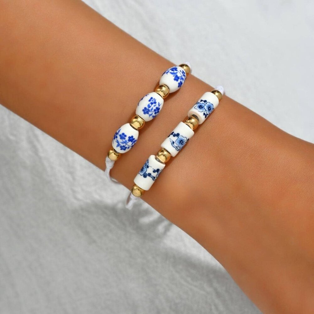 Ceramic Blue Floral Pattern Boho Bracelet 2pcs/set